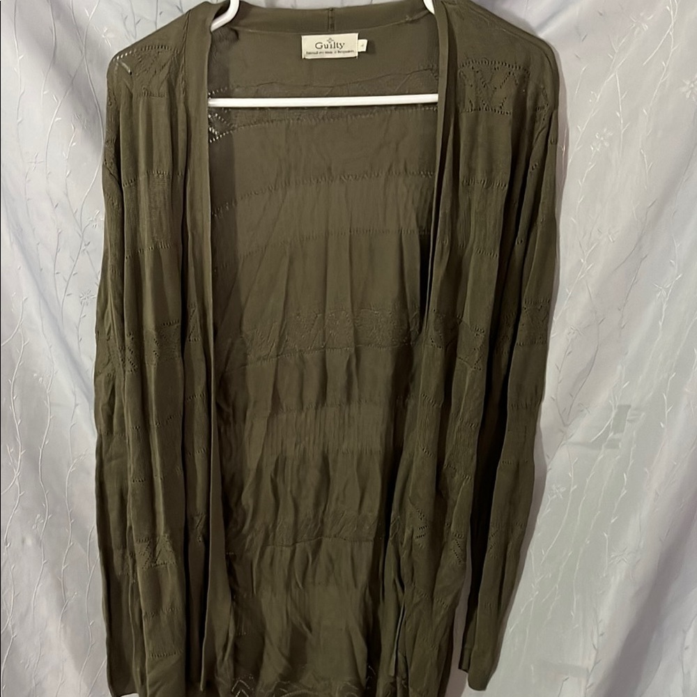 EUC-guilty brand size large olive green cardigan, light knit material